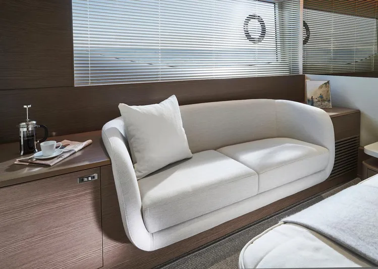  Yacht Photos Pics Luxurious interior of 2025 Princess Y72 Motor Yacht with elegant white sofa.