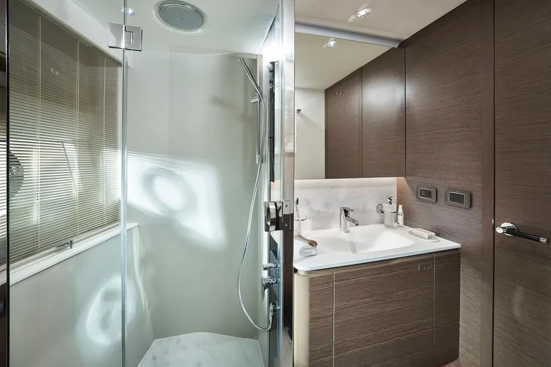  Yacht Photos Pics Luxurious bathroom in 2025 Princess Y72 Motor Yacht with modern shower and sleek design.