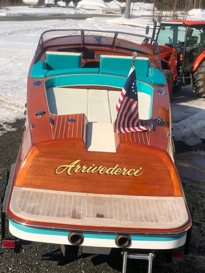 Arrivederci Yacht Photos Pics 2018 Riva Reets Replica Super Aquarama boat with Arrivederci on the stern.