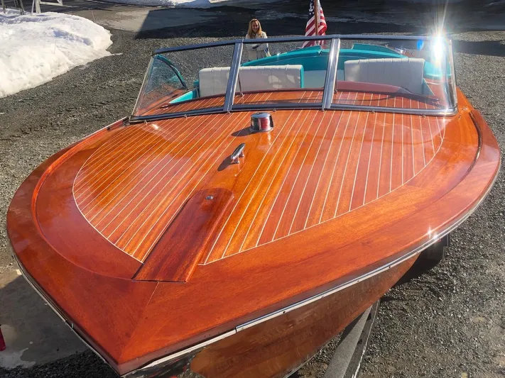 Arrivederci Yacht Photos Pics 2018 Riva Reets Replica Super Aquarama boat with polished wooden deck and American flag.