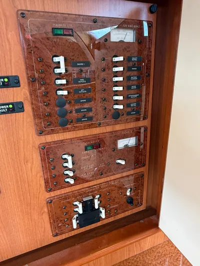  Yacht Photos Pics Electrical panel on a 2008 Silverton 33 Convertible boat with switches and indicators.