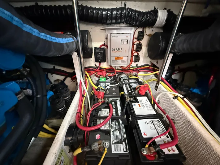  Yacht Photos Pics Engine room of 2008 Silverton 33 Convertible with batteries and wiring.