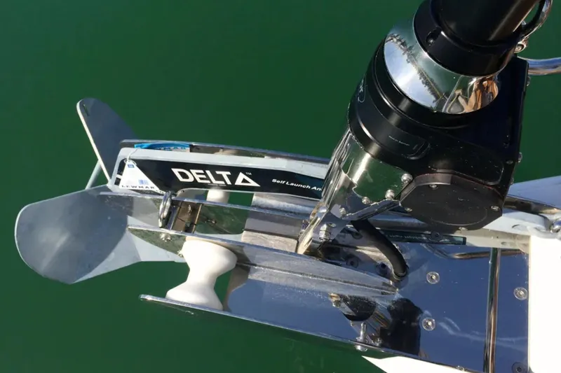 Tenacity Yacht Photos Pics Delta anchor system on 2011 Jeanneau 57 yacht, viewed from above.