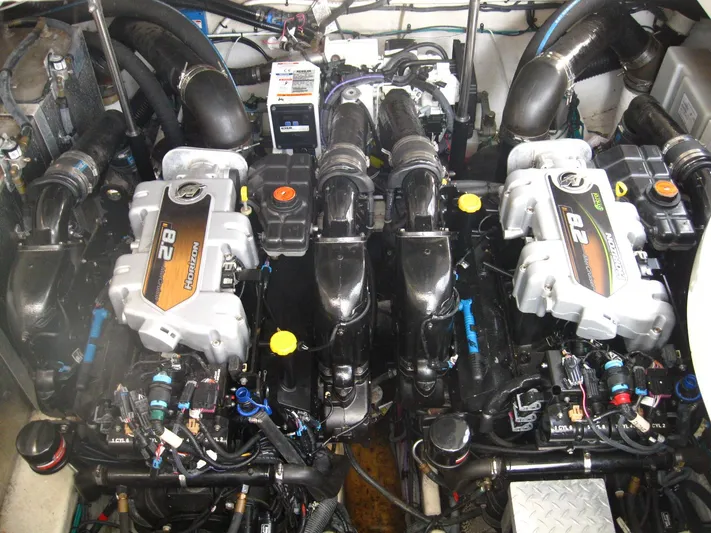  Yacht Photos Pics Engine room of 2011 Sea Ray 350 Sundancer with twin MerCruiser 8.2 engines.