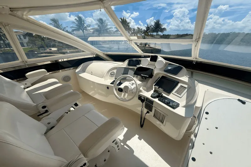 Marsha Sea Yacht Photos Pics Flybridge of 2005 Lazzara 68 yacht with modern navigation equipment and luxurious seating.