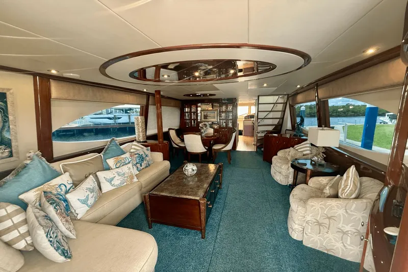 Marsha Sea Yacht Photos Pics Luxurious interior of a 2005 Lazzara 68 Flybridge yacht with elegant seating and decor.