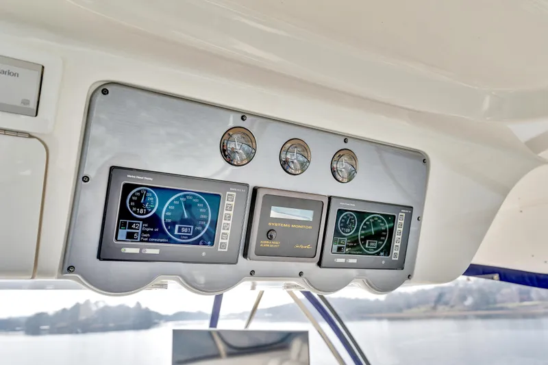  Yacht Photos Pics Control panel of 2006 Sea Ray 58 Sedan Bridge yacht with digital displays.