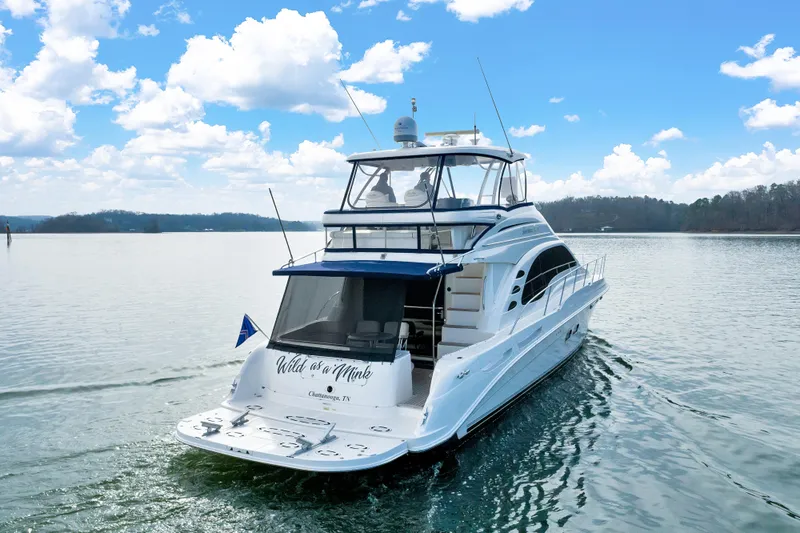  Yacht Photos Pics 2006 Sea Ray 58 Sedan Bridge yacht cruising on a serene lake under a blue sky.
