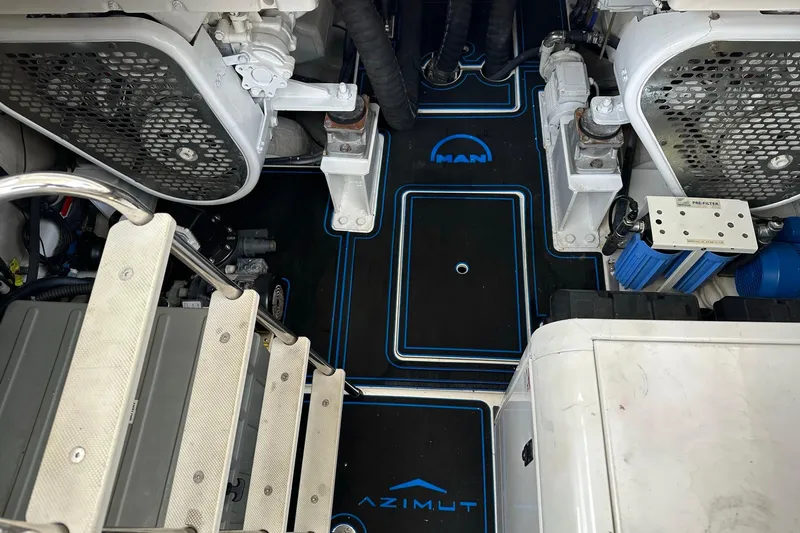  Yacht Photos Pics Engine room of 2013 Azimut Fly 53 yacht with MAN engines and Azimut branding.
