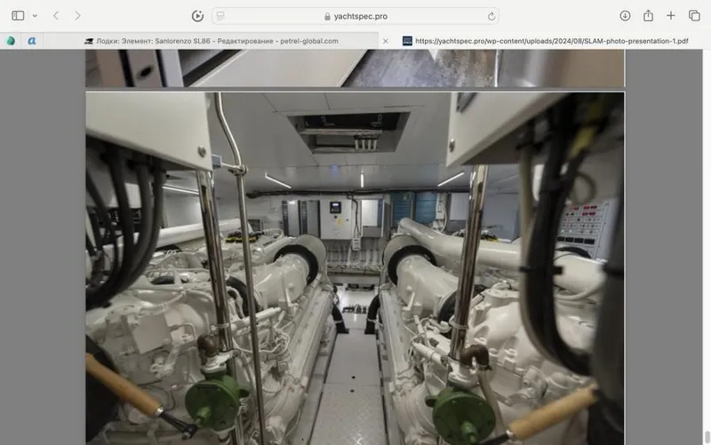  Yacht Photos Pics Engine room of 2018 Sanlorenzo SL86 yacht, showcasing dual engines and control systems.