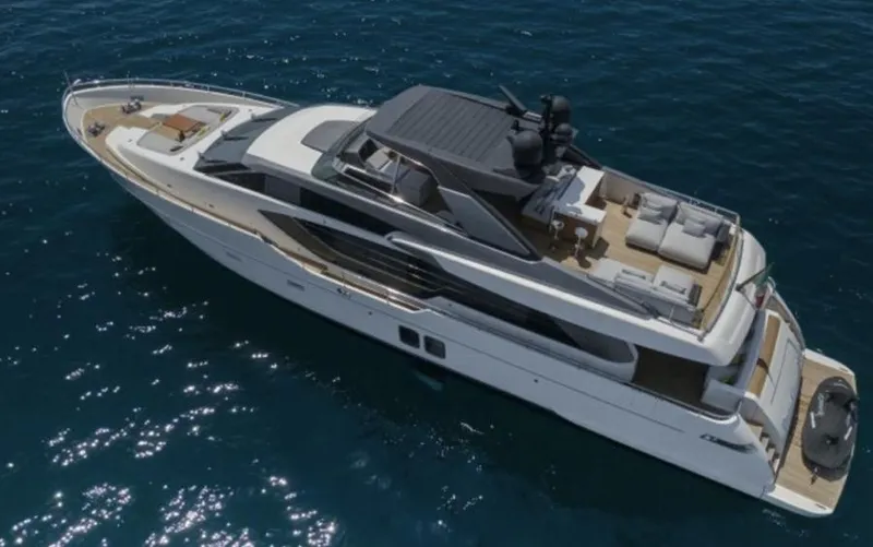  Yacht Photos Pics Sanlorenzo SL86 2018 luxury yacht cruising on open sea, aerial view.