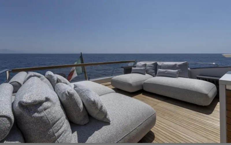  Yacht Photos Pics Luxurious Sanlorenzo SL86 yacht deck with plush seating, overlooking the ocean, 2018 model.