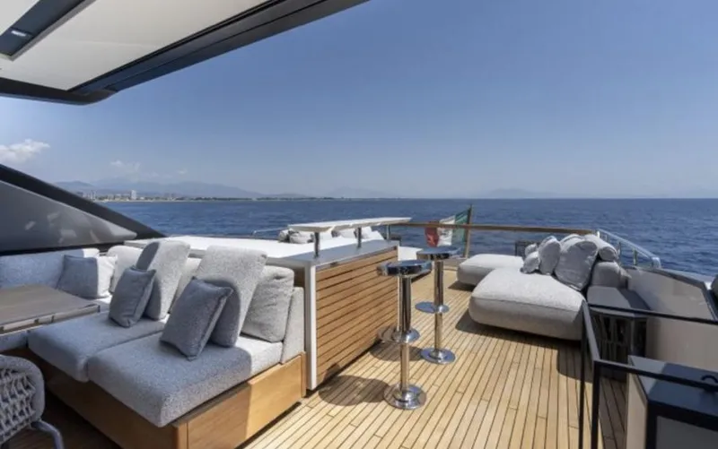  Yacht Photos Pics Luxurious 2018 Sanlorenzo SL86 yacht deck with plush seating and ocean view.