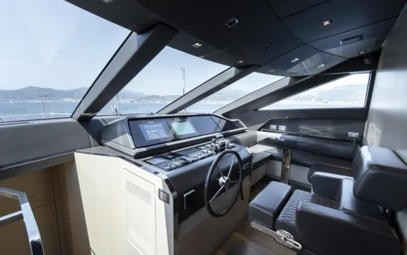  Yacht Photos Pics Luxurious interior of 2018 Sanlorenzo SL86 yacht with modern helm and panoramic windows.