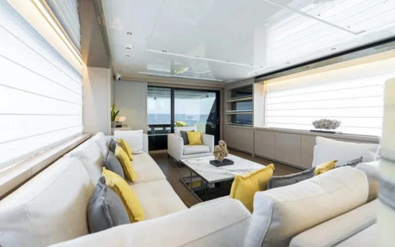  Yacht Photos Pics Luxurious interior of 2018 Sanlorenzo SL86 yacht with modern decor and plush seating.