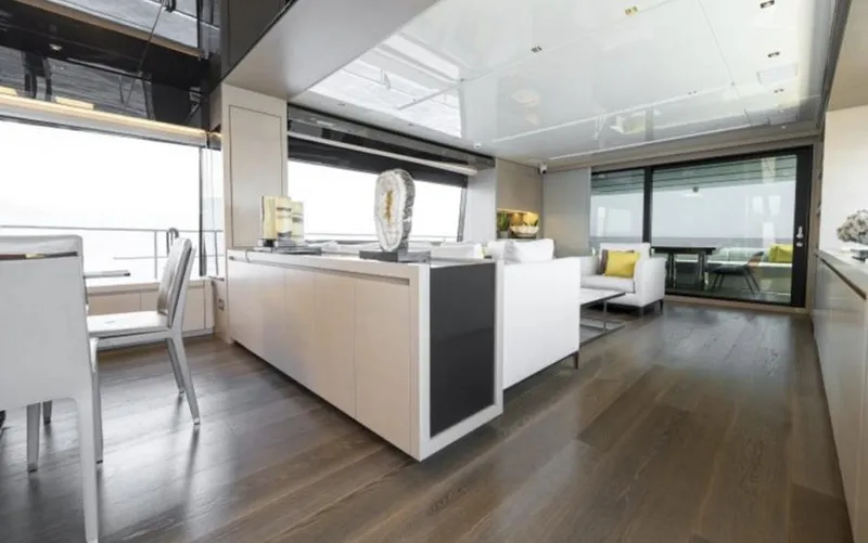  Yacht Photos Pics Luxurious interior of 2018 Sanlorenzo SL86 yacht with modern furnishings and elegant design.