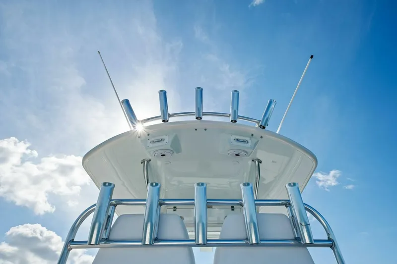  Yacht Photos Pics 2012 Regulator 32 FS boat top view against blue sky.