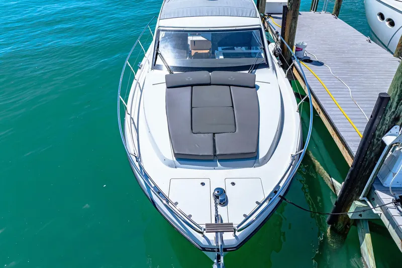  Yacht Photos Pics 2019 Sealine S330V yacht docked at marina, aerial view.
