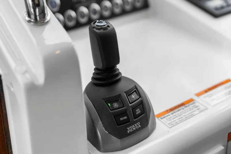 Annabelle IV Yacht Photos Pics Joystick control on 2024 MJM 42 boat dashboard, featuring Volvo Penta system.