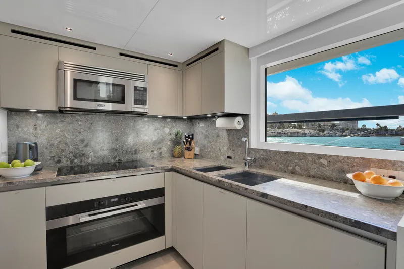 Sweet Virginia Yacht Photos Pics Modern kitchen on 2023 Sanlorenzo SL96A yacht with ocean view.