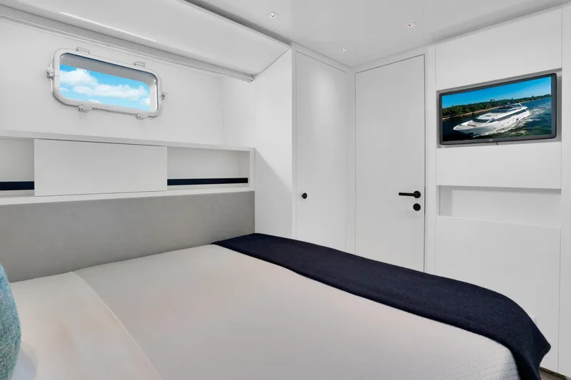 Sweet Virginia Yacht Photos Pics Luxurious 2023 Sanlorenzo SL96A yacht bedroom with modern design and ocean view.