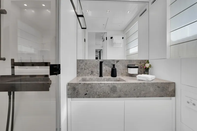 Sweet Virginia Yacht Photos Pics Luxurious bathroom interior of 2023 Sanlorenzo SL96A yacht with modern fixtures and elegant design.