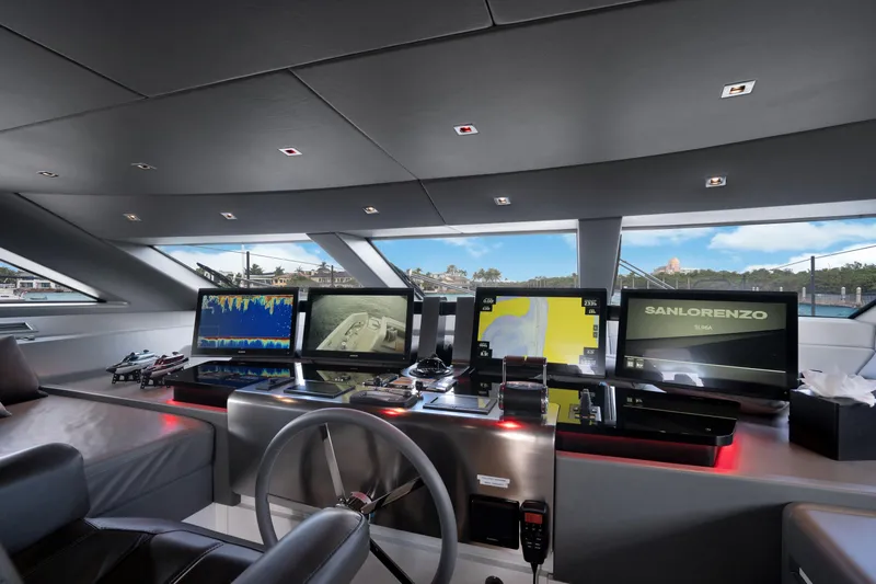 Sweet Virginia Yacht Photos Pics Modern helm of 2023 Sanlorenzo SL96A yacht with advanced navigation displays.