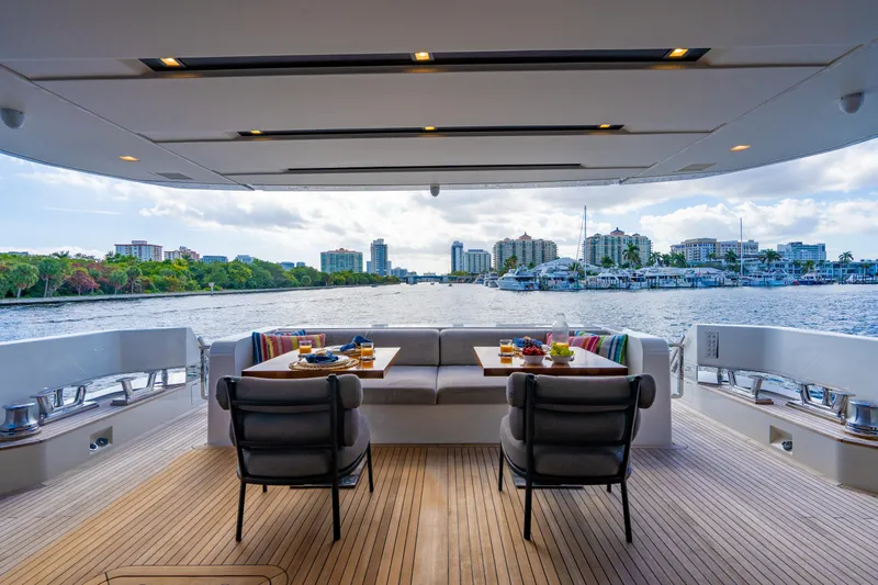 Sweet Virginia Yacht Photos Pics Luxurious 2023 Sanlorenzo SL96A yacht deck with waterfront city view.