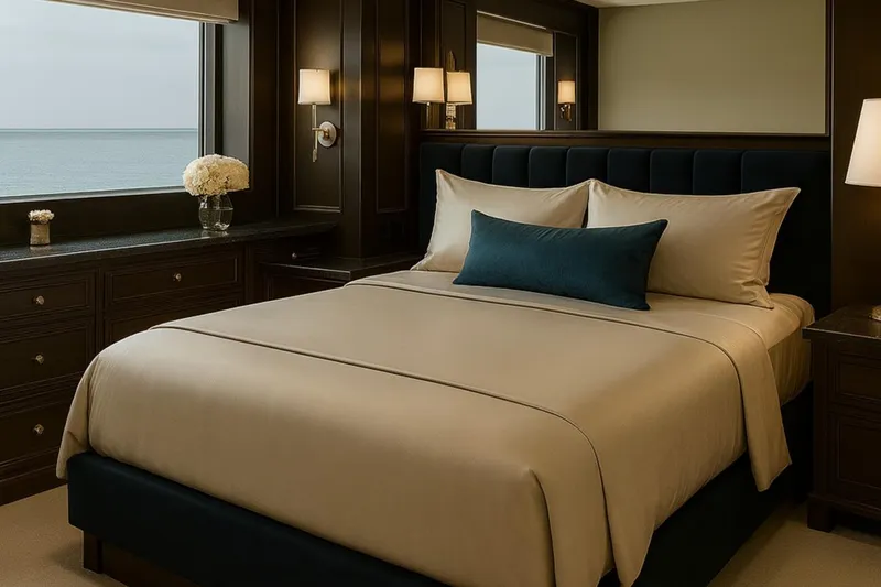  Yacht Photos Pics Luxurious bedroom interior on Cobrey 50 FLY yacht, 2025 model, with ocean view.