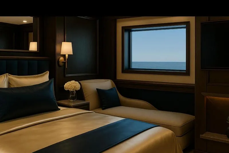  Yacht Photos Pics Luxurious bedroom interior of 2025 Cobrey 50 FLY yacht with ocean view window.