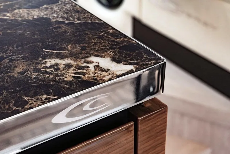  Yacht Photos Pics Luxurious marble countertop detail on 2025 Cobrey 50 FLY yacht interior.
