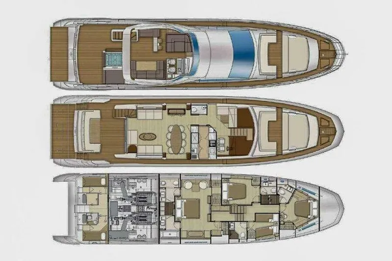 Camy Ed Yacht Photos Pics Floor plan of 2006 Azimut 105 Grande yacht, showcasing three detailed levels.