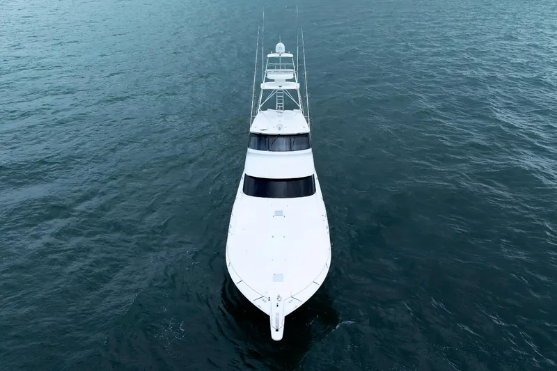 On Ice Yacht Photos Pics Aerial view of 2009 Viking 74 Enclosed Bridge yacht on open water.