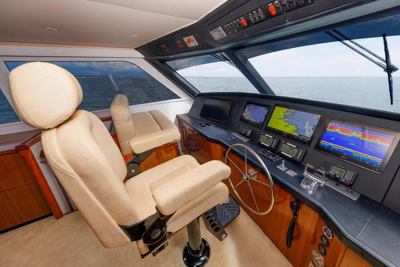 On Ice Yacht Photos Pics Luxurious 2009 Viking 74 Enclosed Bridge yacht cockpit with advanced navigation systems.