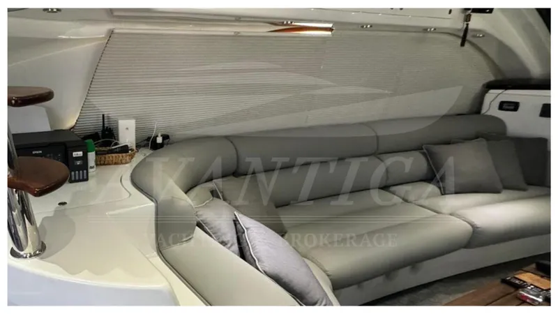  Yacht Photos Pics Luxurious interior of a 2014 Catamaran Power Catamaran with sleek gray seating.