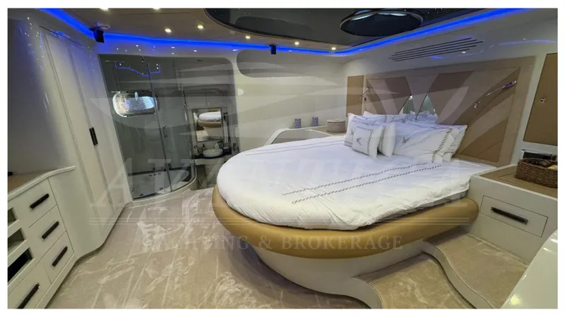  Yacht Photos Pics Luxurious 2014 Catamaran Power Catamaran bedroom with modern design and ambient lighting.