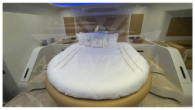  Yacht Photos Pics Luxurious 2014 Catamaran Power Catamaran bedroom with elegant bedding and modern design.