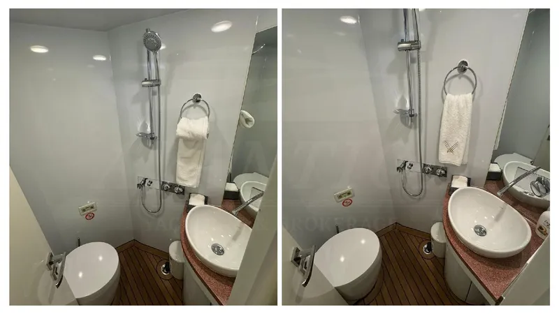  Yacht Photos Pics 2014 Catamaran Power Catamaran bathroom with shower, sink, and toilet, featuring modern fixtures.