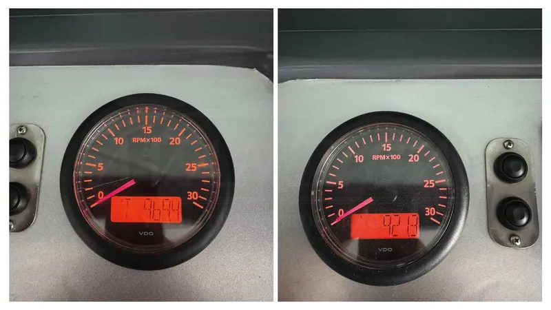  Yacht Photos Pics Dashboard gauges of a 2014 Catamaran Power Catamaran showing RPM readings.