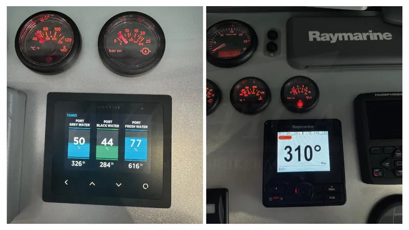  Yacht Photos Pics Dashboard of a 2014 Catamaran Power Catamaran with Raymarine navigation displays.