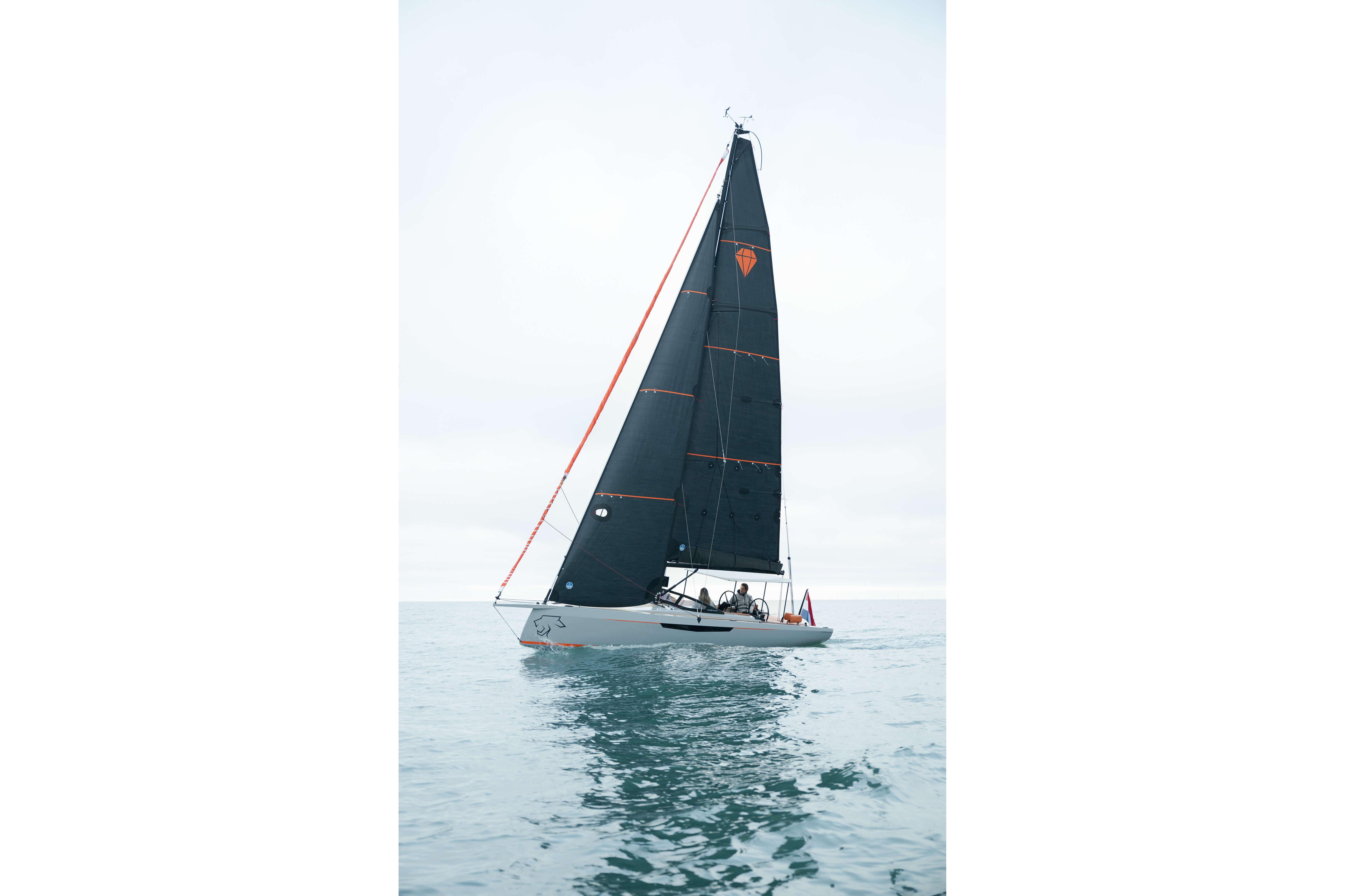 2026 Saffier SE 28 Leopard sailing on calm waters with sleek black sails.