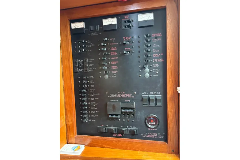 Andiamo Yacht Photos Pics Electrical control panel on a 2001 Ocean 40 Express Bridge boat.