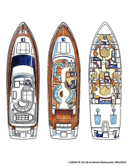  Yacht Photos Pics Floor plan of a 2001 Azimut Sea Jet yacht, showcasing three detailed levels.