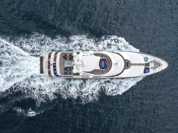 Sur La Mer Yacht Photos Pics Aerial view of 2011 Benetti Vision 145 yacht cruising on open water.