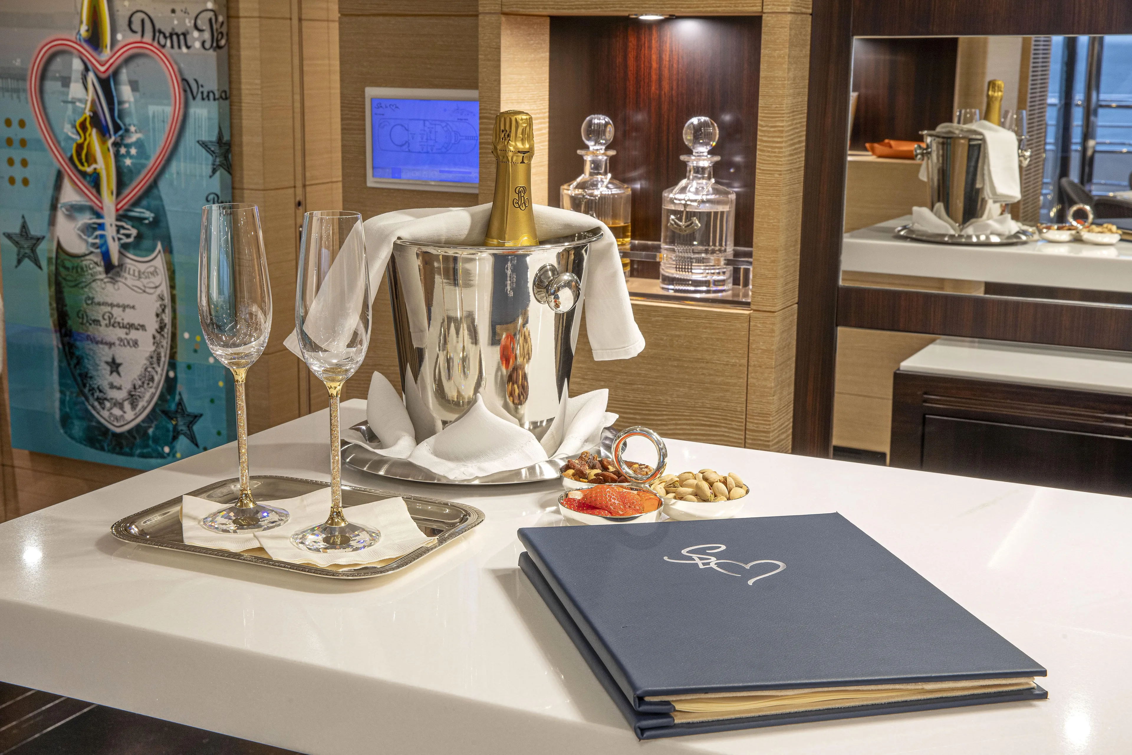 Sur La Mer Yacht Photos Pics Luxury interior of 2011 Benetti Vision 145 yacht with champagne and elegant decor.