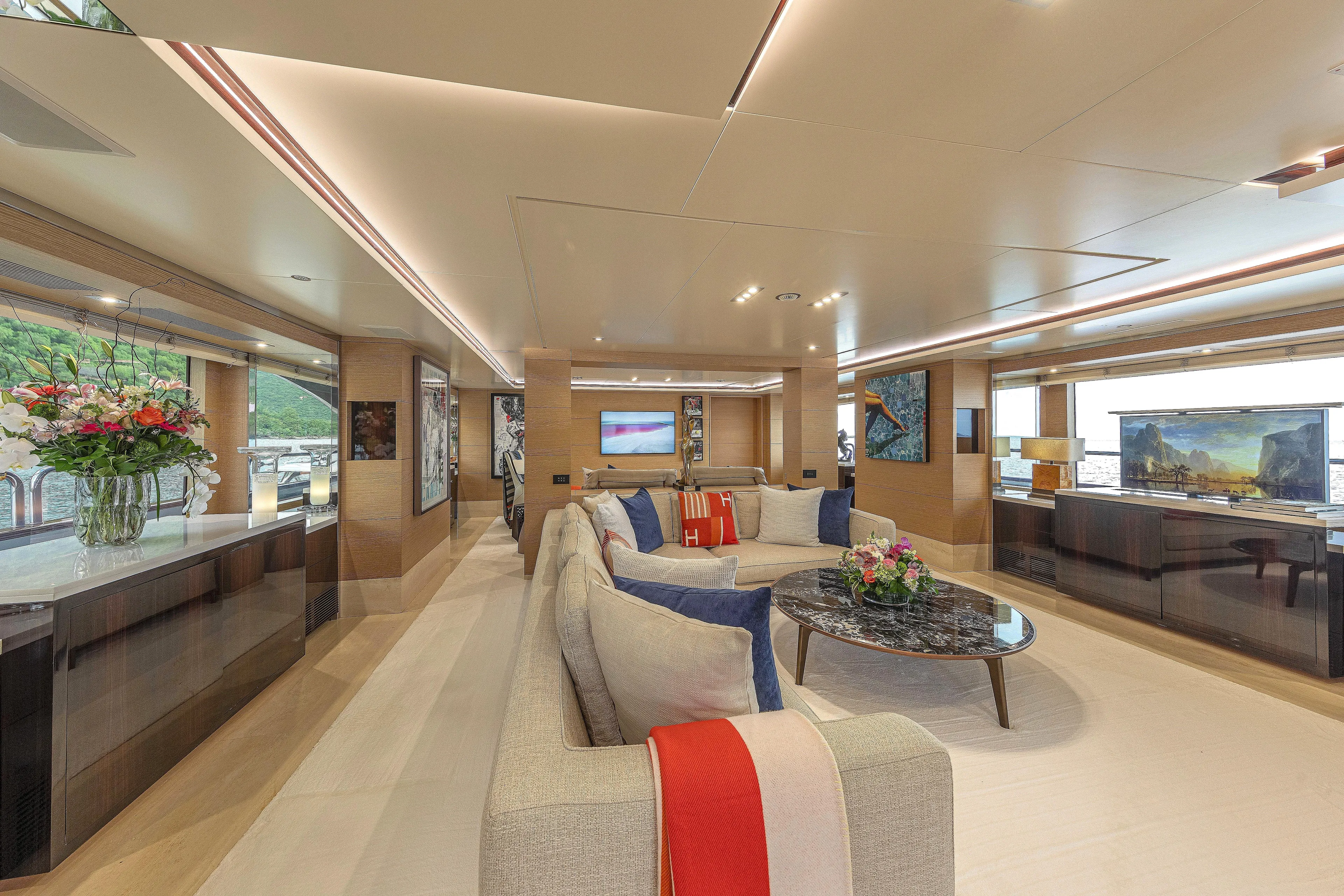 Sur La Mer Yacht Photos Pics Luxurious interior of 2011 Benetti Vision 145 yacht with elegant seating and modern decor.