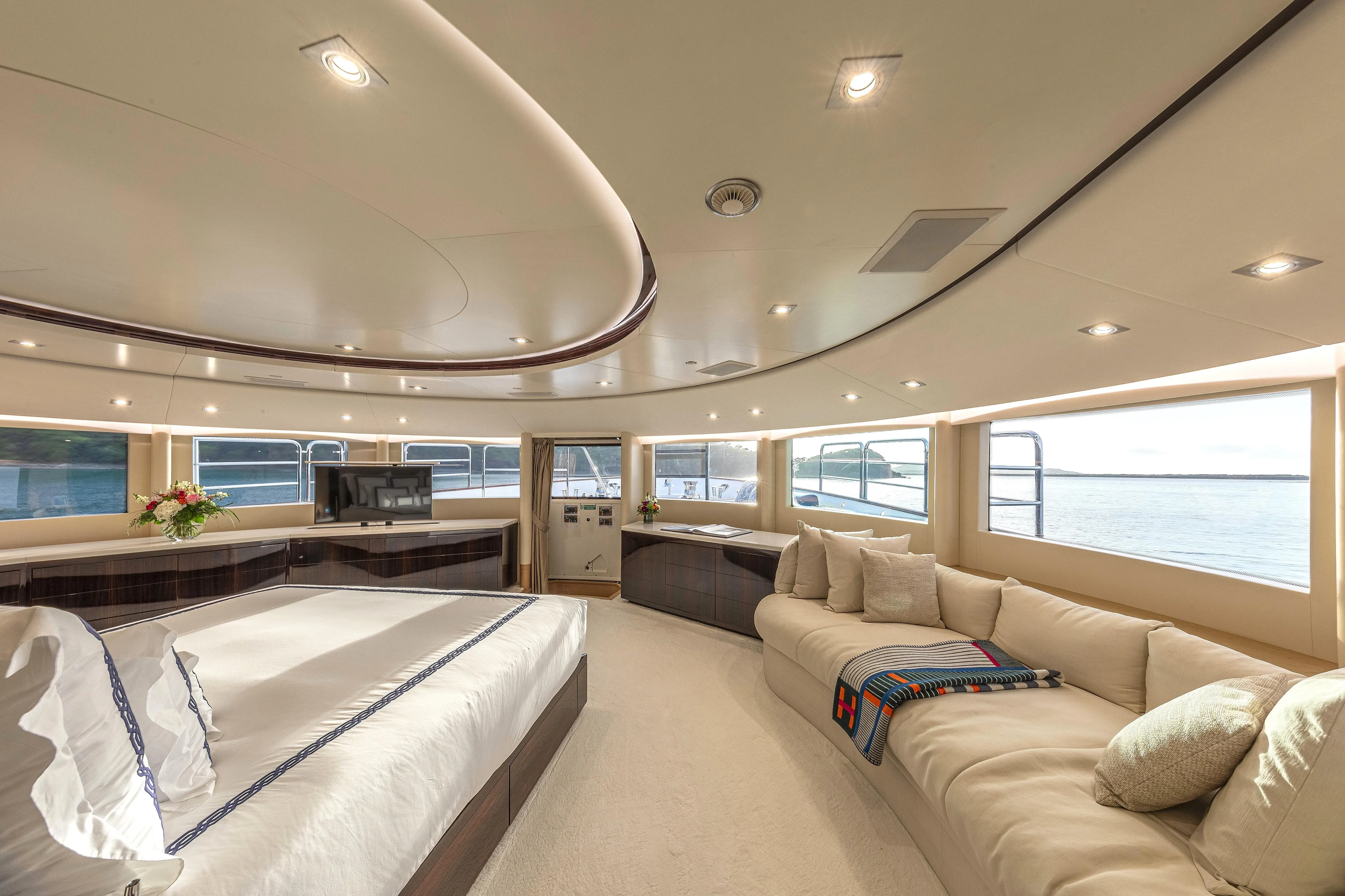 Sur La Mer Yacht Photos Pics Luxurious interior of 2011 Benetti Vision 145 yacht with panoramic windows and elegant furnishings.