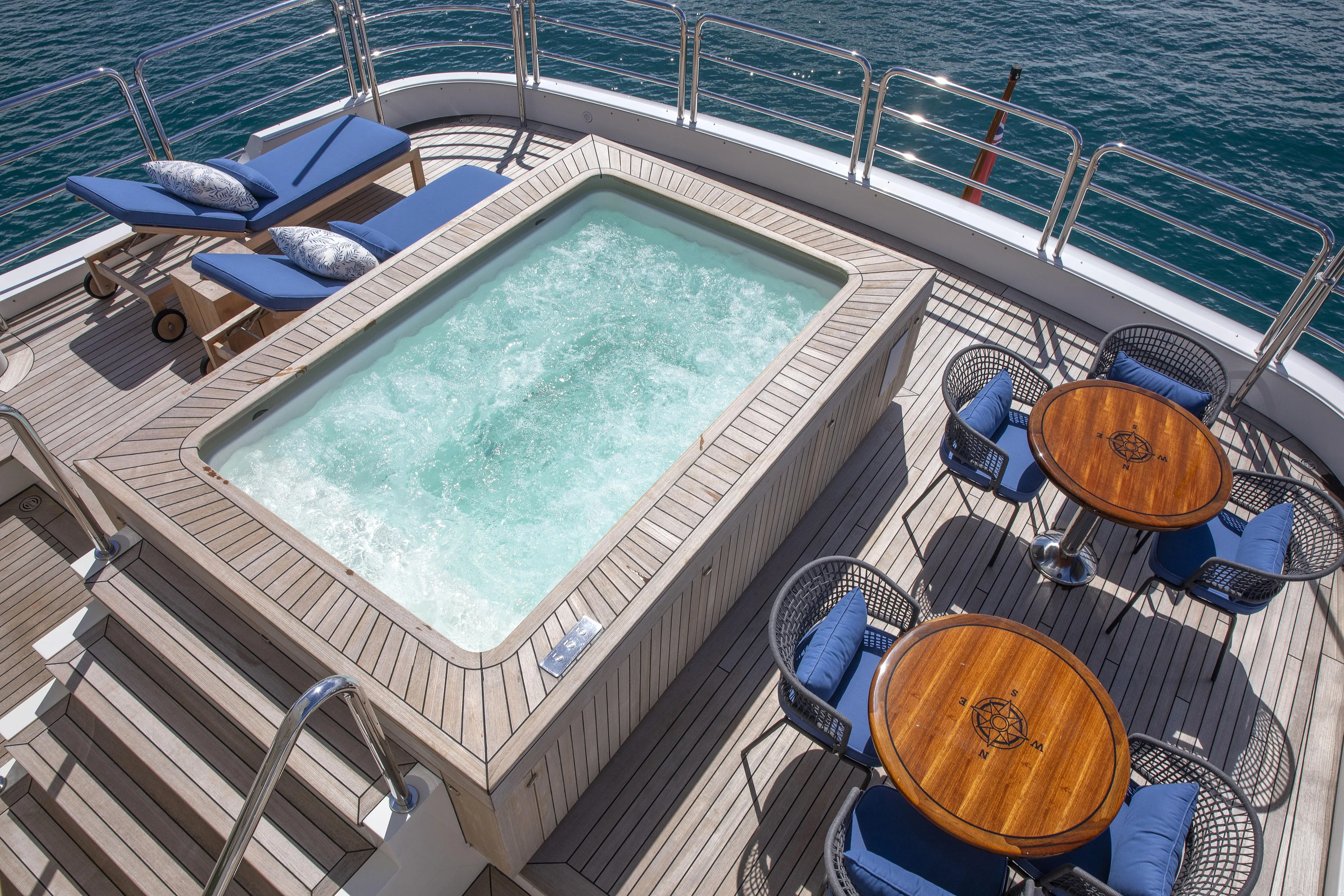 Sur La Mer Yacht Photos Pics Luxurious deck of 2011 Benetti Vision 145 yacht with jacuzzi and seating area.