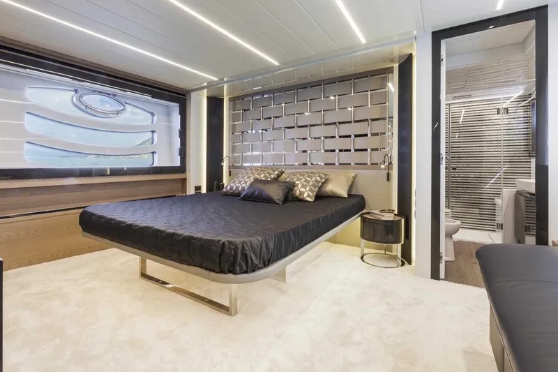  Yacht Photos Pics Luxurious bedroom interior on 2018 Pershing 7X yacht with modern design and elegant decor.