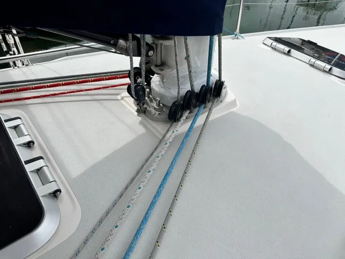 "legacy" Yacht Photos Pics Deck rigging of a 2006 J Boats J/109 sailboat with colorful ropes and pulleys.